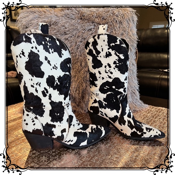 DINGO Black Cow Print Pointed Toe Boots DI 127 Live a Little Leather Real  Fur